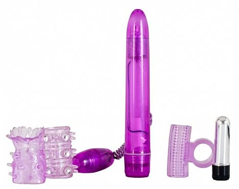 В набор входит: вибратор длиной 15 см, диаметр 2 см, виброяйцо длина 5 см, диаметр 2 см, вибропуля с