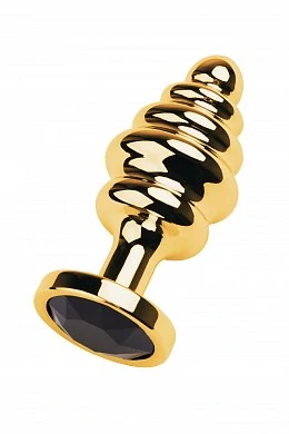 Анальная втулка с кристаллом Medium Gold ребристая черная 8 см — фото 2
