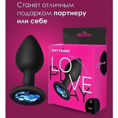 Анальная втулка черная с голубым кристаллом силикон 8 см — фото 7