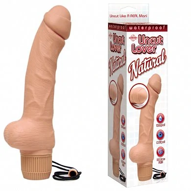 Бежевый гибкий вибратор с реалистичным рельефом и имитацией крайней плоти на головке.