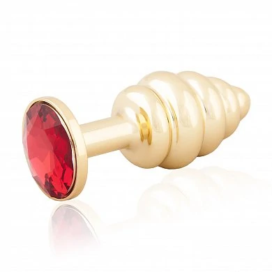 Анальная Пробка Butt Plug Gold с позолотой ребристая рубиновая 7,5 см — купить в секс-шопе LoveDoctor
