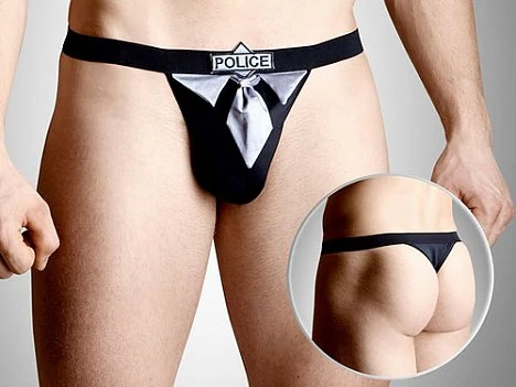 Мужские стринги черные c галстуком и надписью на резинке 