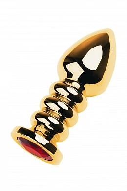Анальная Пробка Butt Plug Gold ребристая рубин 10 см — фото 2