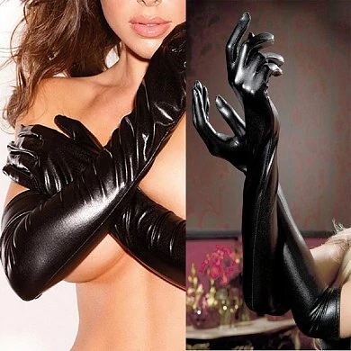 Перчатки из материала Wetlook выше локтя черные — фото 2