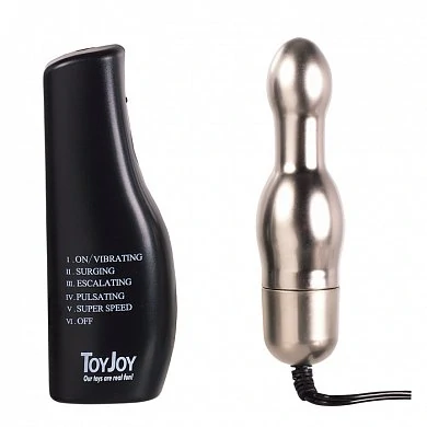 Вибратор серебристый, с выносным пультом управления. Размер: длина 11 см, диаметр 1,5 - 2 см.