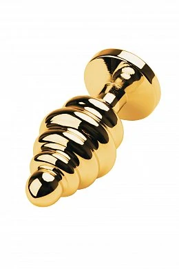 Анальная втулка с кристаллом Medium Gold ребристая черная 8 см — фото 3