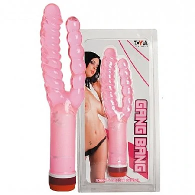 Двухголовый вибратор для вагинального и анального массажа, розового цвета с рельефной поверхностью и